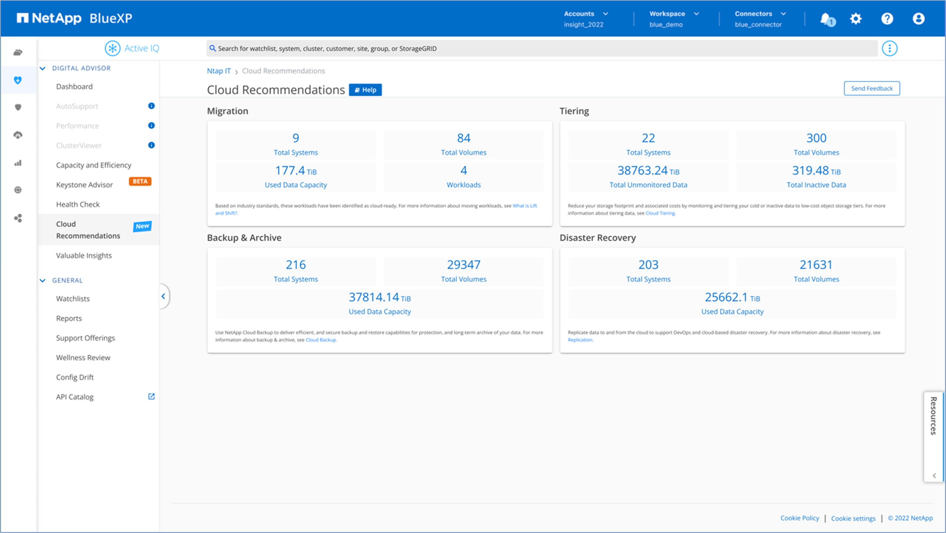 Screenshot der Konsole mit NetApp Cloud-Empfehlungen