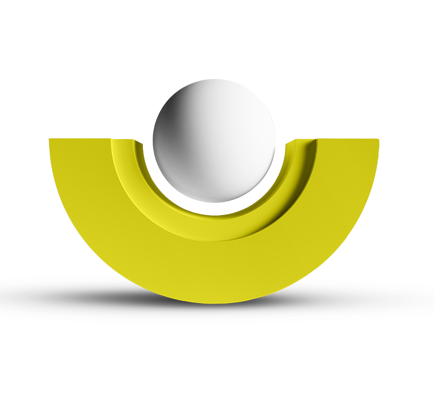 A half yellow circle with a white sphere in the middle