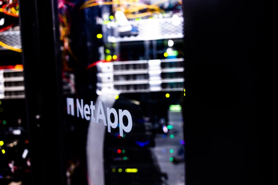 NetApp logo on a server room glass door