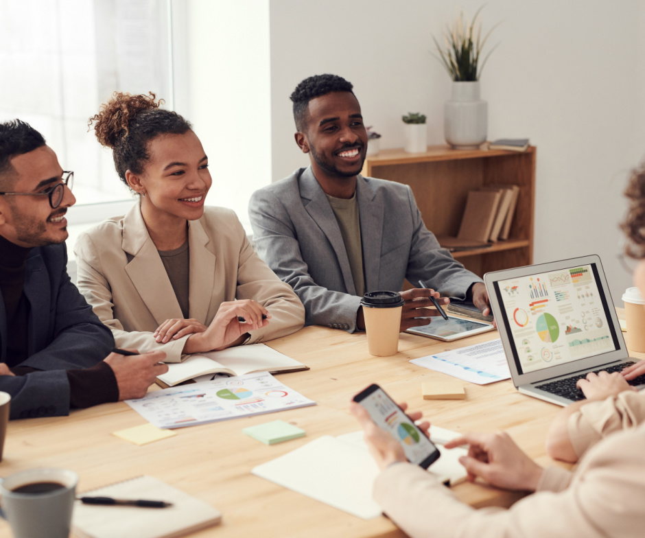 group of people in a conference call discussing among themselves