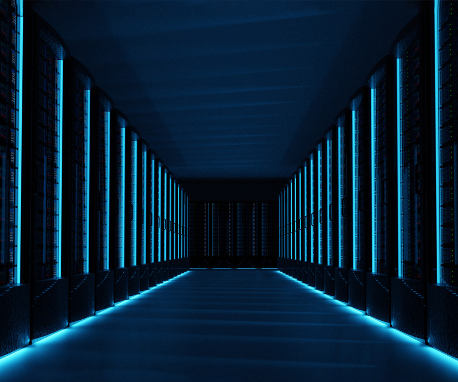 looking down dark hall of data storage shelves